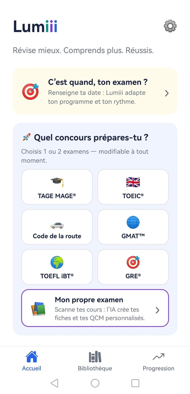 Écran d'accueil de Lumiii : programme du jour, révisions et score projeté