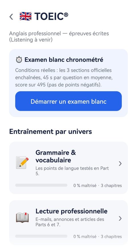 Pack TOEIC : examen blanc chronométré et entraînement par univers