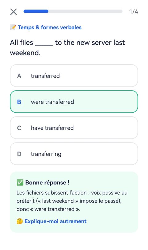 QCM TOEIC corrigé avec explication du coach IA